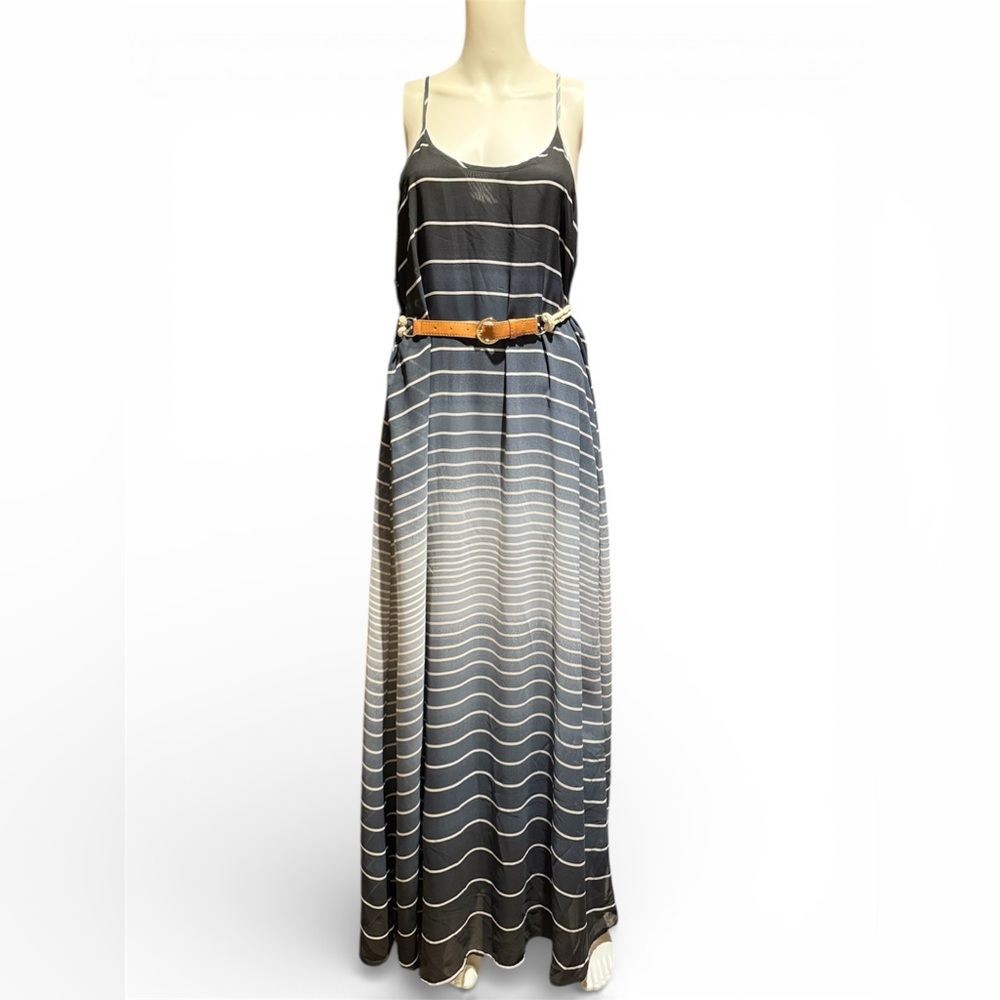 Ya Los Angeles Black & White Wave Maxi Dress with Brown Leather Belt Medium